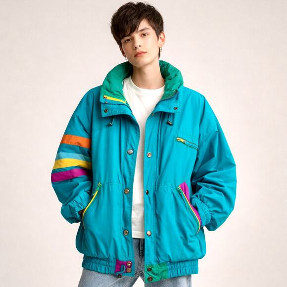 London Fog Jackets & Blazers - Vintage 80s Colorblock Ski Teal London Fog S Jacket Retro Neon Unisex Oversized
